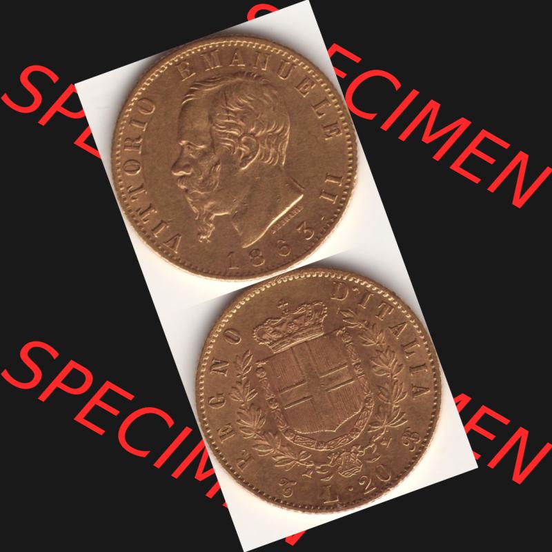 Münzen Italien Goldmünze 1861-1870, 20 Lire Vittorio Emanuele I. Goldmünze 1863. Vorderseite und Rückseite vertikal untereinander auf einen digitalen Bild der alten... Sammlung