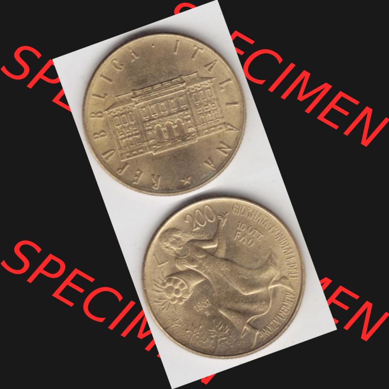 Münzen Italien Gedenkmünze 1981-1981, 200 Lire FAO - Welternährungstag. Vorderseite und Rückseite vertikal untereinander auf einen digitalen Bild der alten italienischen... Sammlung