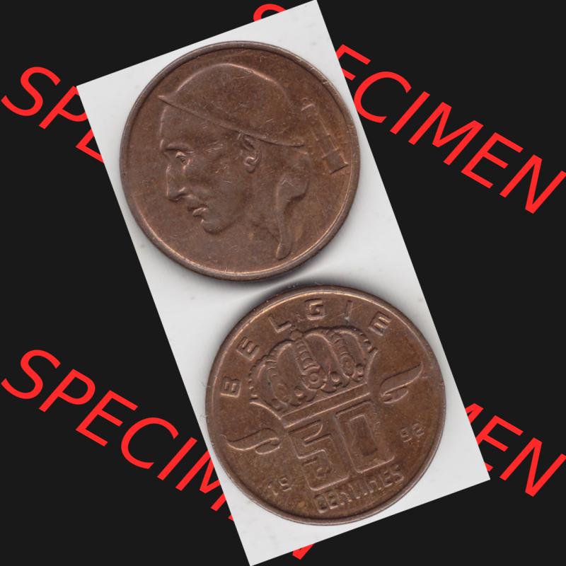 Münzen Belgien Umlaufmünze 1958-2001, 50 Centines Belgie. Vorderseite und Rückseite vertikal auf einen digitalen Bild der alten belgischen Francs Umlaufmünze aus Belgien... Sammlung