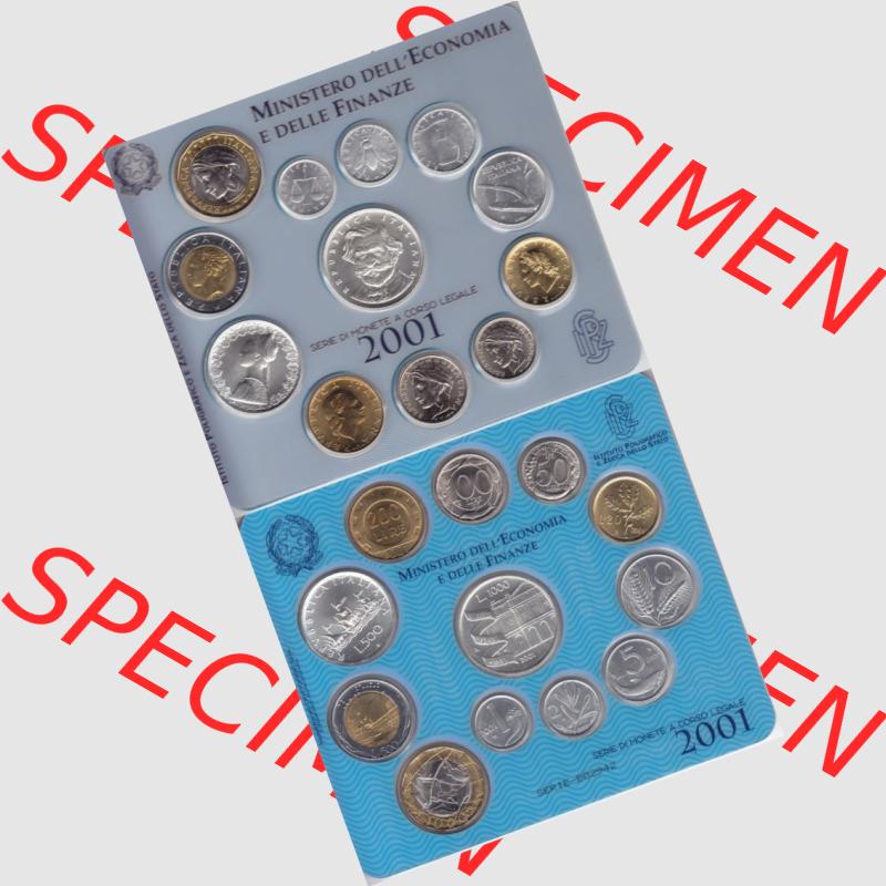 Münzen Italien KMS Münzensatz 2001-2001, Münzsatz von Italien 1 Lira bis 1000 Lire Innenseite. Vorderseite und Rückseite vertikal untereinander auf einen digitalen Bild... Sammlung