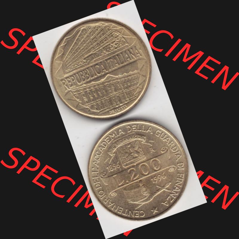 Münzen Italien Gedenkmünze 1996-1996, 200 Lire Zollakademie. Vorderseite und Rückseite vertikal untereinander auf einen digitalen Bild der alten italienischen Münze aus... Sammlung