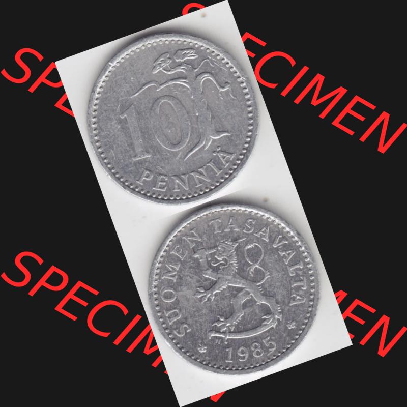 Münzen Finnland Umlaufmünze 1983-1990, 10 Penniä 1985. Vorderseite und Rückseite vertikal auf einen digitalen Bild der alten finnischen Umlaufmünze aus Finnland SUOMI... Sammlung