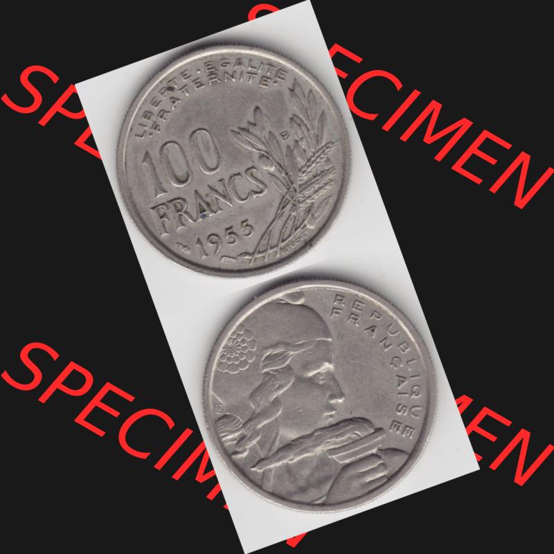 Münze Frankreich 1954-1958; 100 Francs, Franken Typ I. 1955. Vorderseite und Rückseite vertikal auf einen digitalen Bild der alten französischen Umlaufmünze... Sammlung