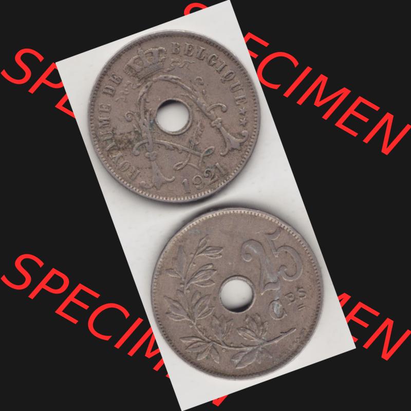 Münzen Belgien Umlaufmünze 1913-1929, 25 Ces, 1921 Centimes Belgique. Vorderseite und Rückseite vertikal auf einen digitalen Bild der alten belgischen Francs Umlaufmünze... Sammlung
