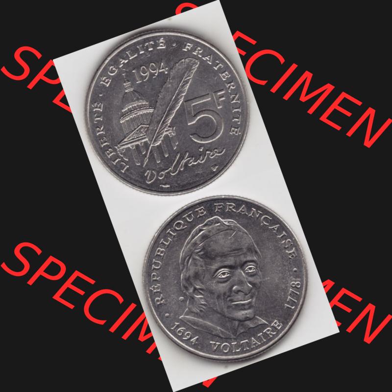 Münze Frankreich 1994-1994, 5 Francs Liberte Egalite Fraternite. Vorderseite und Rückseite vertikal auf einen digitalen Bild der alten französischen Umlaufmünze aus Frankreich... Sammlung