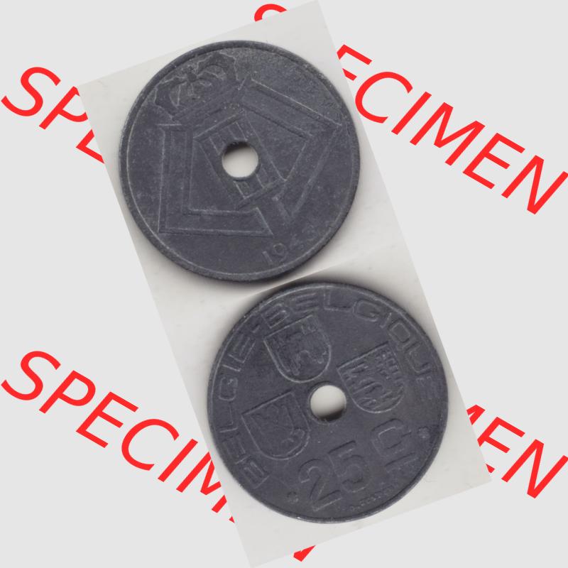 Münzen Belgien Umlaufmünze 1942-1946, 25 Centimes 1943 Belgie - Belgique. Vorderseite und Rückseite vertikal auf einen digitalen Bild der alten belgischen Francs Umlaufmünze... Sammlung