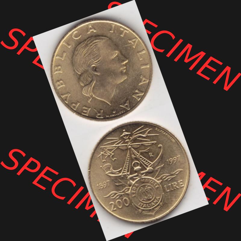 Münzen Italien Gedenkmünze 1997-1997, 200 Lire Italienische Meeresliga. Vorderseite und Rückseite vertikal untereinander auf einen digitalen Bild der alten italienischen Münze... Sammlung