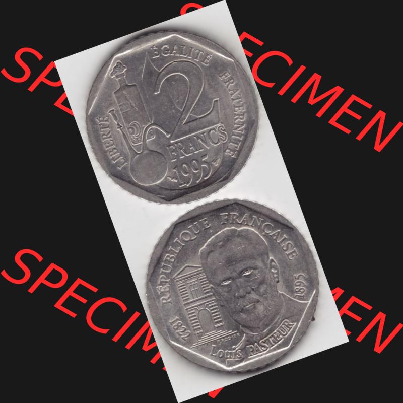 Münze Frankreich 1995-1995, 2 France Louis Rasteur. Vorderseite und Rückseite vertikal auf einen digitalen Bild der alten französischen Umlaufmünze aus Frankreich in der... Sammlung