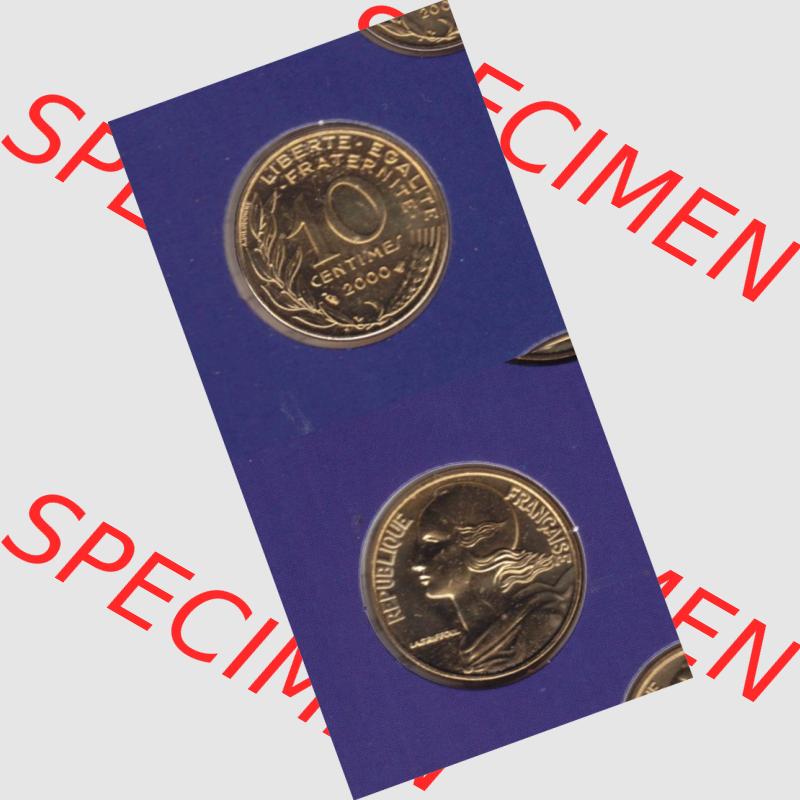 Münze Frankreich 2000, 10 Centimes. Vorderseite und Rückseite vertikal auf einen digitalen Bild der alten französischen Umlaufmünze 10 Cmes - Centimes - Cent aus Frankreich... Sammlung