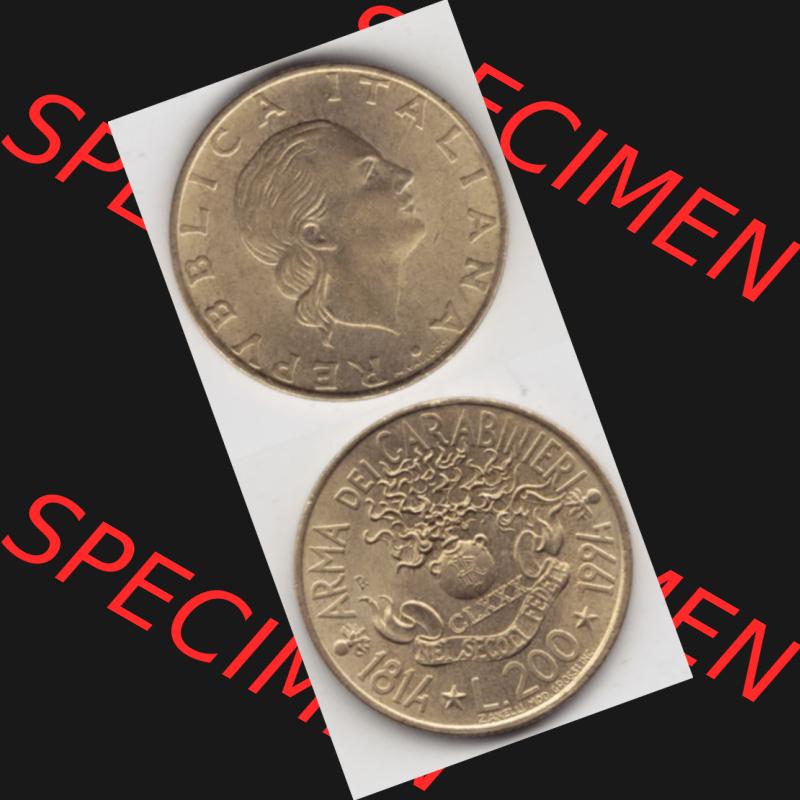 Münzen Italien Gedenkmünze 1994-1994, 200 Lire 180 Jahre Carabinieri. Vorderseite und Rückseite vertikal untereinander auf einen digitalen Bild der alten italienischen Münze... Sammlung