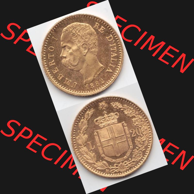 Münzen Italien Goldmünze 1880-1897, 20 Lire Umberto I. Goldmünze 1882. Vorderseite und Rückseite vertikal untereinander auf einen digitalen Bild der alten italienischen... Sammlung