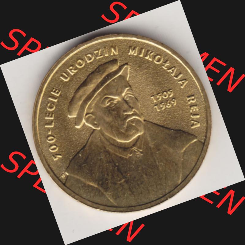 Münzen Polen Gedenkmünze 2005-2005, 2 Zloty, 500. Geburtstag von Mikołaj Rej, Bild mit Rückseite der Münze als Bildmaterial Sammlung