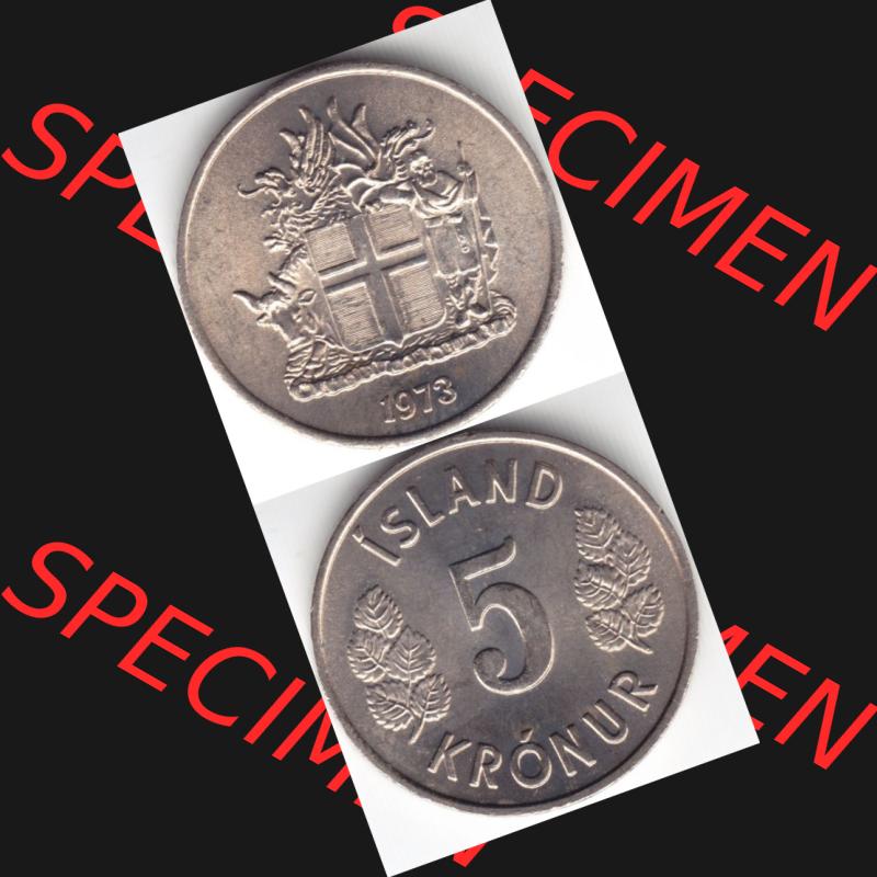 Münzen Island Umlaufmünze 1969-1980, 5 Kronur, Kronen 1973. Vorderseite und Rückseite vertikal untereinander auf einen digitalen Bild der alten Isländischen Umlaufmünze... Sammlung