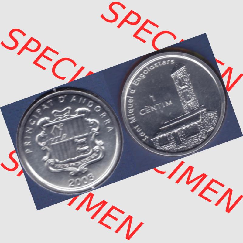Münzen Andorra Sammlermünze aus KMS 2003, 1 Centim, Kirche Sant Miquel d’Engolasters. Vorderseite und Rückseite horizontal auf einen digitalen Bild der alten Diner... Sammlung