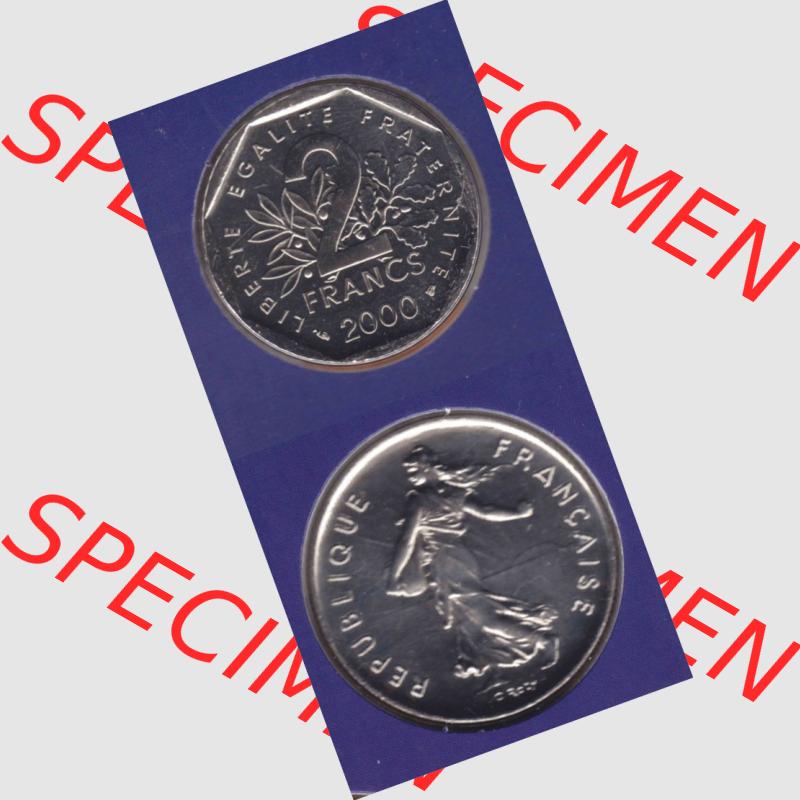 Münze Frankreich 2000, 2 Francs. Vorderseite und Rückseite vertikal auf einen digitalen Bild der alten französischen Umlaufmünze aus Frankreich in der Francs-Währung... Sammlung