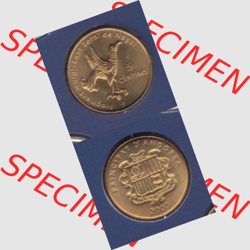 Münzen Andorra Sammlermünze aus KMS 2003, 5 Centimes, Sant Serni Kirche in Nagol. Vorderseite und Rückseite vertikal auf einen digitalen Bild der alten Diner Umlaufmünze... Sammlung