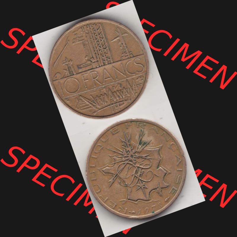 Münze Frankreich 1974-1987, 10 Franken-Francs 1978 III.. Vorderseite und Rückseite vertikal auf einen digitalen Bild der alten französischen Umlaufmünze aus Frankreich... Sammlung