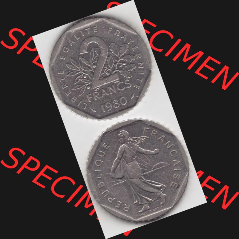 Münze Frankreich 1979-2001, 2 Francs Säerin Semeuse. Vorderseite und Rückseite vertikal auf einen digitalen Bild der alten französischen Umlaufmünze aus Frankreich... Sammlung
