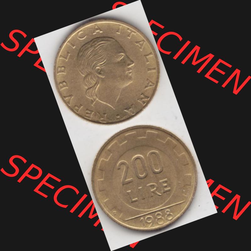 Münzen Italien Umlaufmünze 1977-2001, 200 Lire, Zahnrad 1988. Vorderseite und Rückseite vertikal untereinander auf einen digitalen Bild der alten italienischen Münze... Sammlung