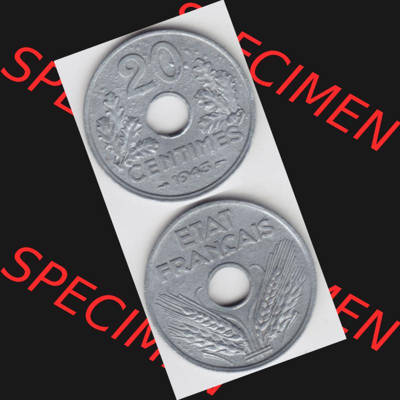 Münze Frankreich 1941-1944, 20 Centimes, Cent 1943. Vorderseite und Rückseite vertikal auf einen digitalen Bild der alten französischen Umlaufmünze aus Frankreich... Sammlung