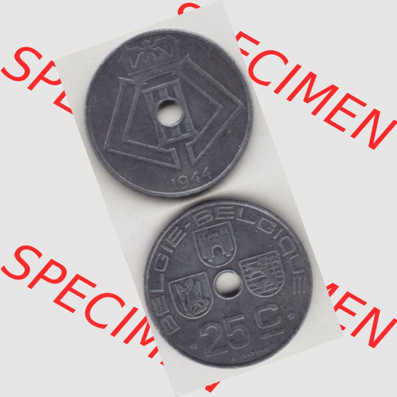 Münzen Belgien Umlaufmünze 1942-1946, 25 Centimes 1944 Belgie - Belgique. Vorderseite und Rückseite vertikal auf einen digitalen Bild der alten belgischen Francs Umlaufmünze... Sammlung