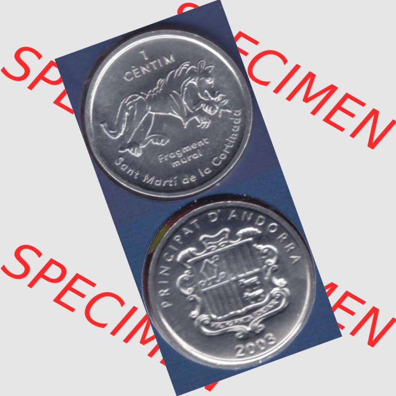 Münzen Andorra Sammlermünze aus KMS 2003, 1 Centime, Església Sant Martí de la Cortinada. Vorderseite und Rückseite vertikal auf einen digitalen Bild der... Sammlung