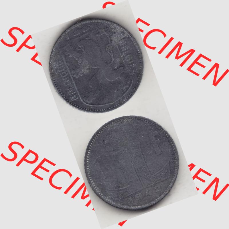 Münzen Belgien Umlaufmünze 1942-1947, 1 Franken 1942 Belgie - Belgique. Vorderseite und Rückseite vertikal auf einen digitalen Bild der alten belgischen Francs Umlaufmünze... Sammlung
