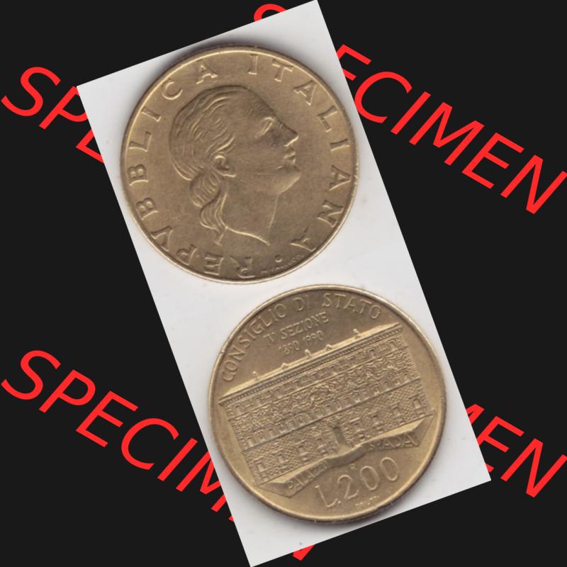 Münzen Italien Gedenkmünze 1990-1990, 200 Lire Gründung von Staatsrat. Vorderseite und Rückseite vertikal untereinander auf einen digitalen Bild der alten italienischen... Sammlung