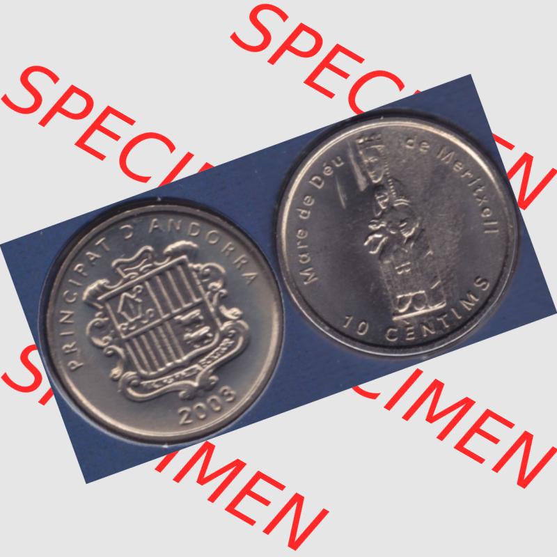 Münzen Andorra Sammlermünze aus KMS 2003, 10 Centims, Jungfrau von Meritxell. Vorderseite und Rückseite horizontal auf einen digitalen Bild der alten Diner Umlaufmünze... Sammlung