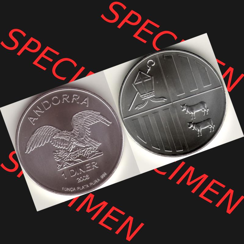 Münzen Andorra Edelmetallmünze 2008-2014, 1 Diner Silbermünze, Wappen von Andorra 2008. Vorderseite und Rückseite horizontal auf einen digitalen Bild der alten Diner... Sammlung