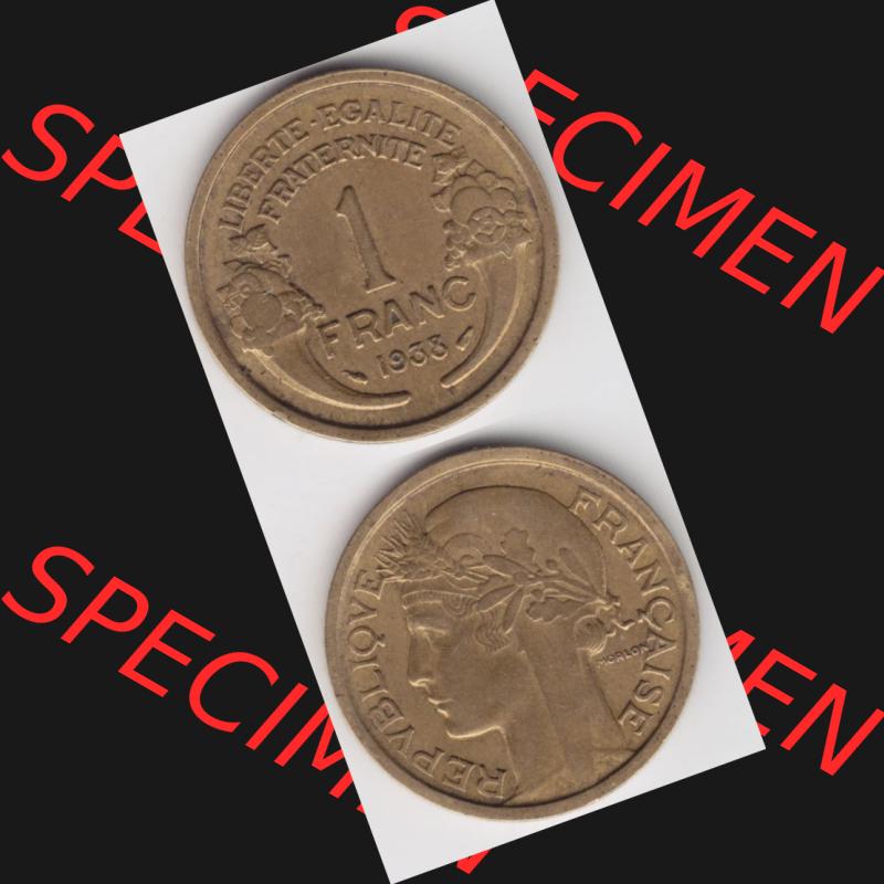 Münze Frankreich 1931-1941, 1 Francs, Franken 1938. Vorderseite und Rückseite vertikal auf einen digitalen Bild der alten französischen Umlaufmünze aus Frankreich... Sammlung