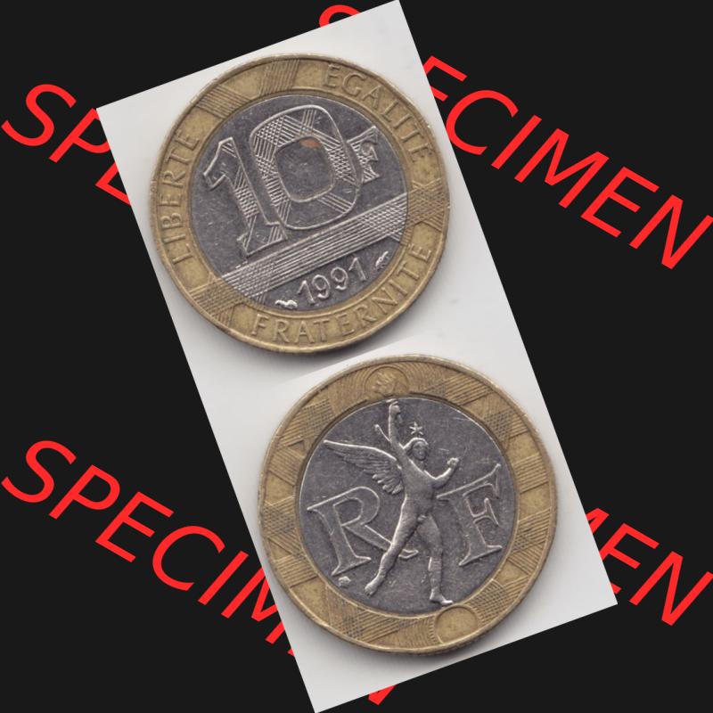 Münze Frankreich 1991, 10 Francs. Vorderseite und Rückseite vertikal auf einen digitalen Bild der alten französischen Umlaufmünze aus Frankreich in der Francs-Währung... Sammlung
