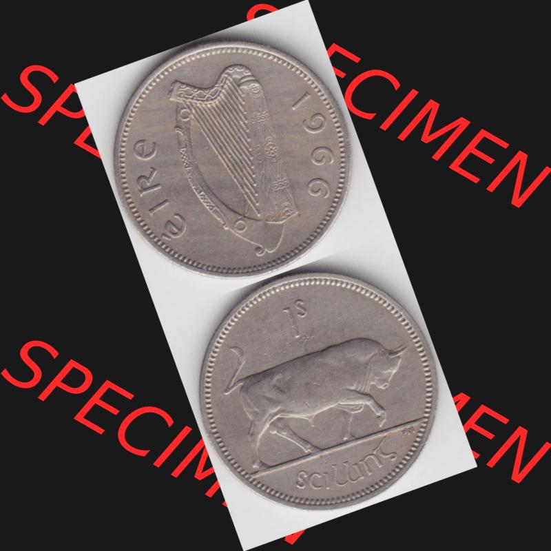 Münzen Irland Umlaufmünze 1951-1968, 1 Schilling 1966. Vorderseite und Rückseite vertikal untereinander auf einen digitalen Bild der alten irischen Umlaufmünze aus Irland... Sammlung