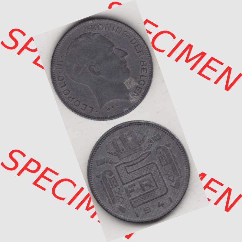 Münzen Belgien Umlaufmünze 1941-1946, 5 Franken 1941, Der Belgen. Vorderseite und Rückseite vertikal auf einen digitalen Bild der alten belgischen Francs Umlaufmünze... Sammlung