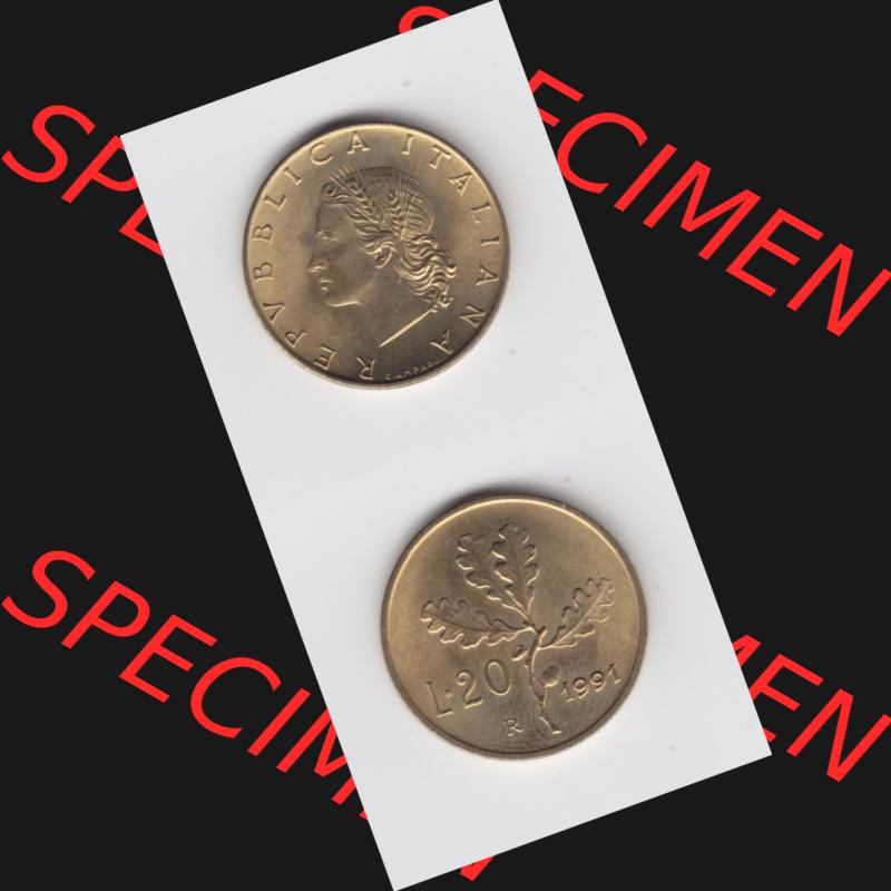 Münzen Italien Umlaufmünze 1956-2001, 20 Lira bzw. Lire 1991. Vorderseite und Rückseite vertikal untereinander auf einen digitalen Bild der alten italienischen Münze... Sammlung