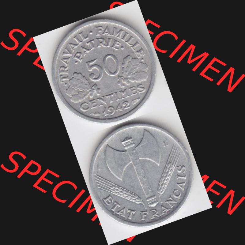 Münze Frankreich 1942-1944, 50 Centimes, Cent 1942. Vorderseite und Rückseite vertikal auf einen digitalen Bild der alten französischen Umlaufmünze aus Frankreich... Sammlung