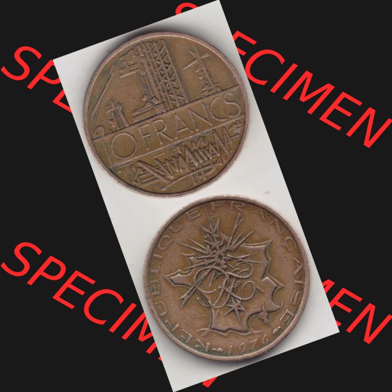 Münze Frankreich 1974-1987, 10 Franken-Francs 1976. Vorderseite und Rückseite vertikal auf einen digitalen Bild der alten französischen Umlaufmünze aus Frankreich in der... Sammlung