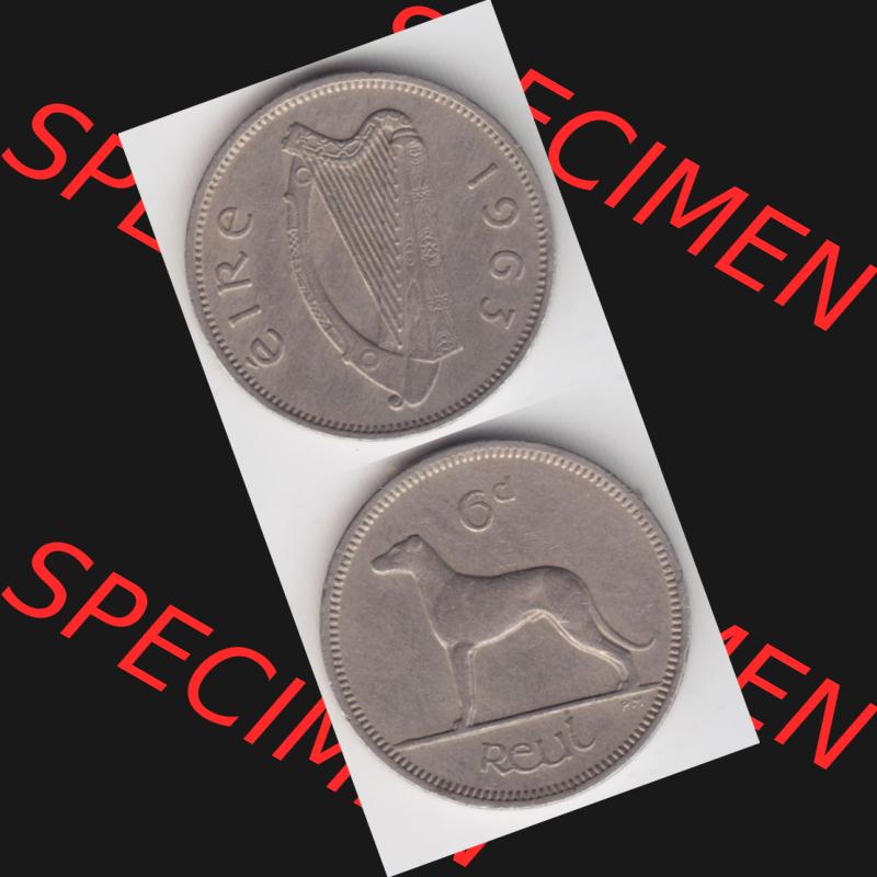 Münzen Irland Umlaufmünze 1942-1969, 6 Pence 1963. Vorderseite und Rückseite vertikal untereinander auf einen digitalen Bild der alten irischen Umlaufmünze aus Irland in... Sammlung