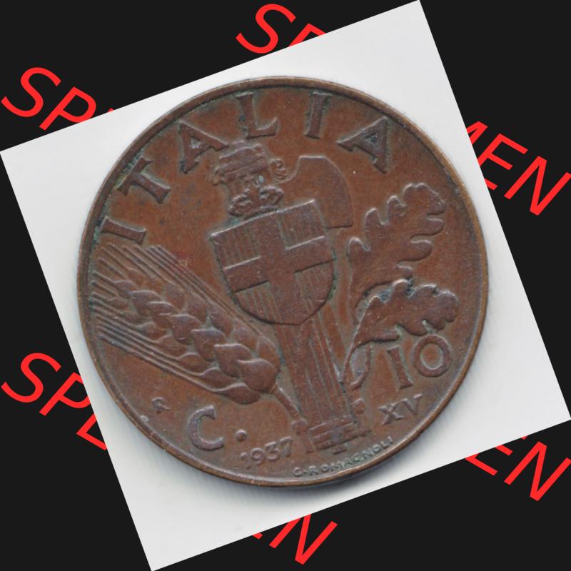 Münzen Italien Umlaufmünze 1936-1939, 10 Centesimi 1937. Rückseite der alten italienischen Münze aus Italien in der italienischen Lira-Währung zum katalogisieren und... Sammlung