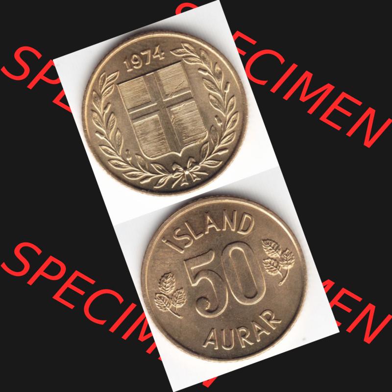 Münzen Island Umlaufmünze 1969-1974, 50 Aurar 1974. Vorderseite und Rückseite vertikal untereinander auf einen digitalen Bild der alten Isländischen Umlaufmünze aus... Sammlung