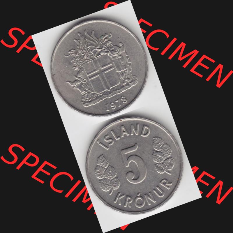 Münzen Island Umlaufmünze 1969-1980, 5 Kronur, Kronen 1978. Vorderseite und Rückseite vertikal untereinander auf einen digitalen Bild der alten Isländischen Umlaufmünze... Sammlung
