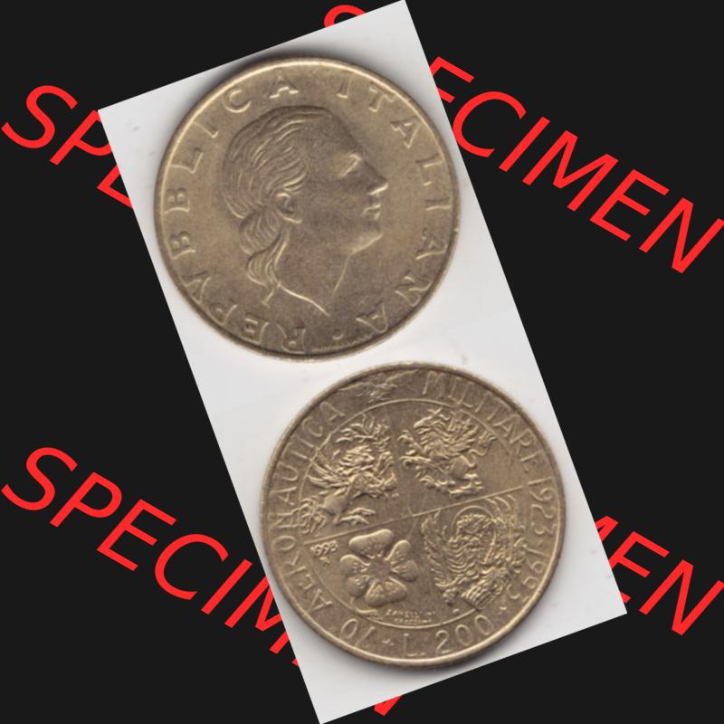 Münzen Italien Gedenkmünze 1993-1993, 200 Lire Militärischen Luftfahrt. Vorderseite und Rückseite vertikal untereinander auf einen digitalen Bild der alten italienischen... Sammlung