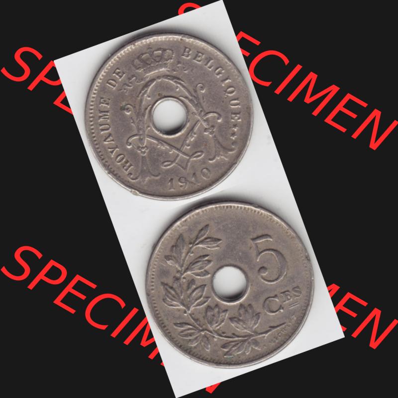 Münzen Belgien Umlaufmünze 1910-1932, 5 Ces, Centimes Koninkrijk Belgie. Vorderseite und Rückseite vertikal auf einen digitalen Bild der alten belgischen Francs Umlaufmünze... Sammlung