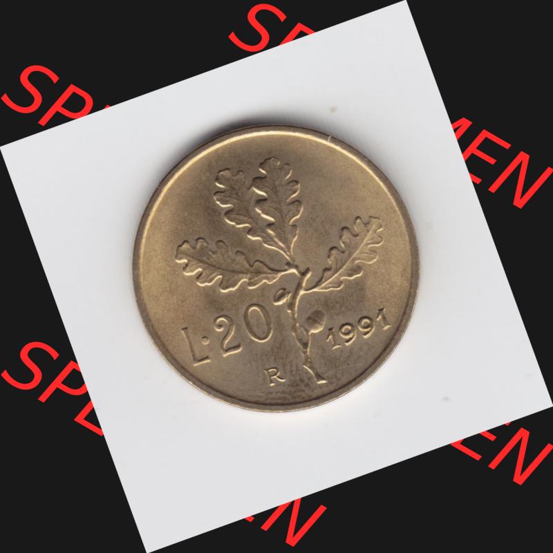 Münzen Italien Umlaufmünze 1956-2001, 20 Lira bzw. Lire 1991. Rückseite der alten italienischen Münze aus Italien in der italienischen Lira-Währung zum katalogisieren... Sammlung