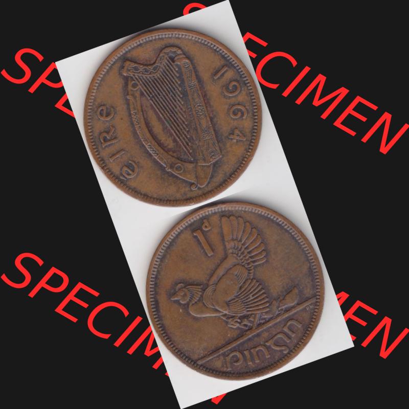 Münzen Irland Umlaufmünze 1940-1968, 1 Penny 1964. Vorderseite und Rückseite vertikal untereinander auf einen digitalen Bild der alten irischen Umlaufmünze aus Irland in... Sammlung