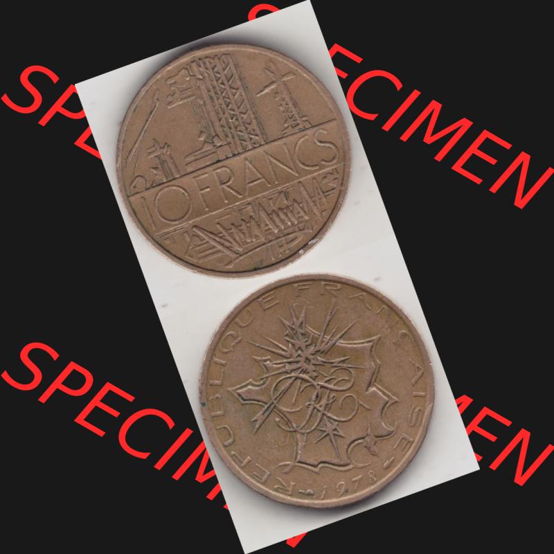Münze Frankreich 1974-1987, 10 Franken-Francs 1978 I.. Vorderseite und Rückseite vertikal auf einen digitalen Bild der alten französischen Umlaufmünze aus Frankreich... Sammlung