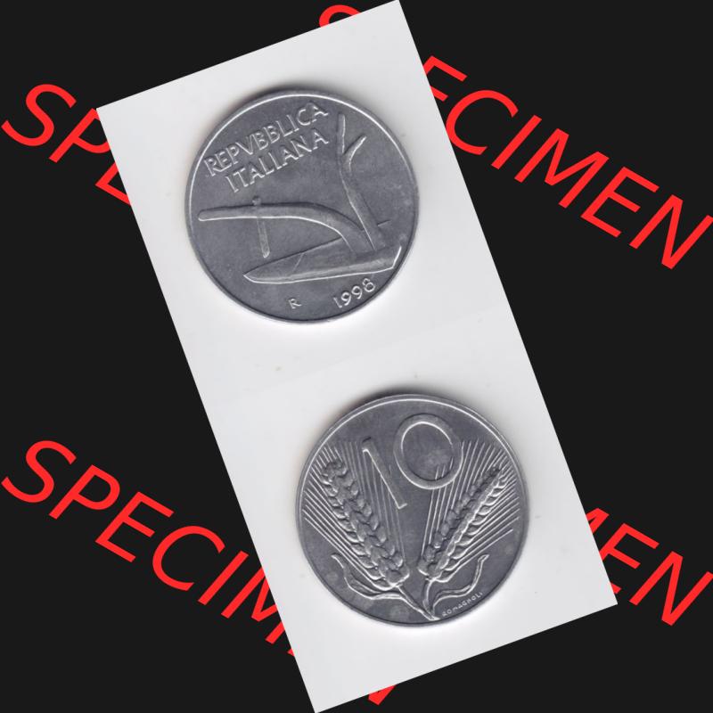 Münzen Italien Umlaufmünze 1951-2001, 10 Lira bzw. Lire 1998. Vorderseite und Rückseite vertikal untereinander auf einen digitalen Bild der alten italienischen Münze... Sammlung