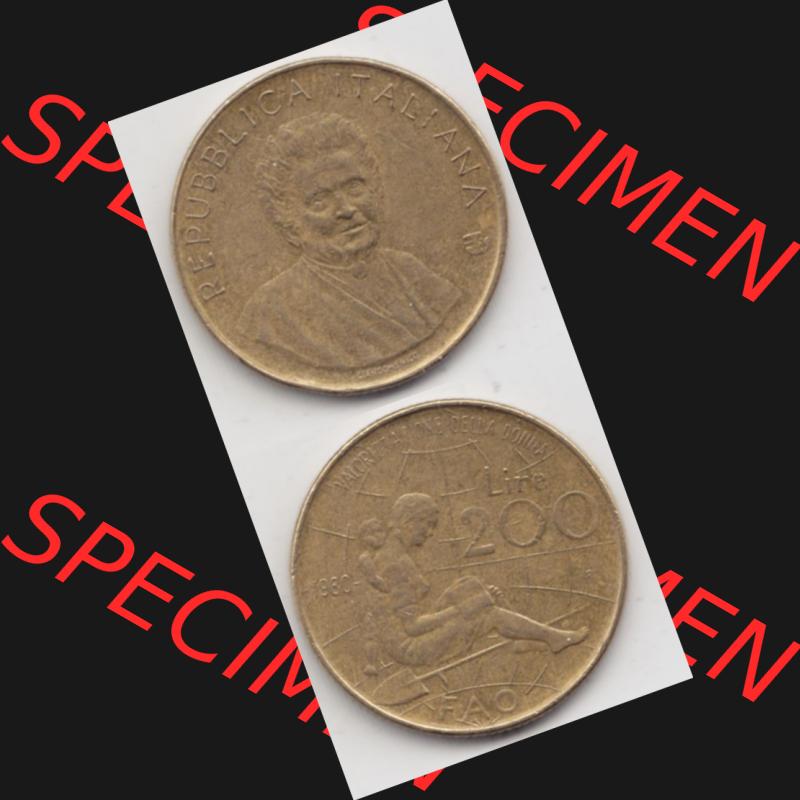 Münzen Italien Gedenkmünze 1980-1980, 200 Lire FAO - Internationales Jahr der Frau. Vorderseite und Rückseite vertikal untereinander auf einen digitalen Bild der alten italienischen... Sammlung