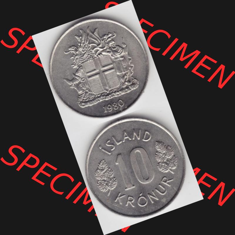 Münzen Island Umlaufmünze 1967-1980, 10 Kronur, Kronen 1980. Vorderseite und Rückseite vertikal untereinander auf einen digitalen Bild der alten Isländischen Umlaufmünze... Sammlung