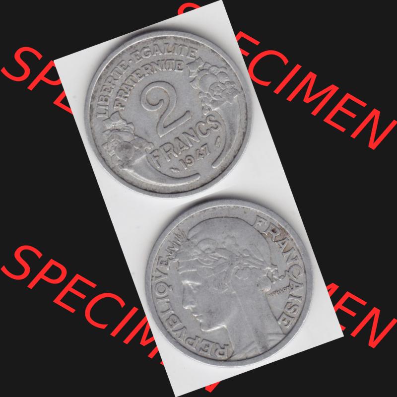 Münze Frankreich 1941-1959, 2 Francs, Franken 1947. Vorderseite und Rückseite vertikal auf einen digitalen Bild der alten französischen Umlaufmünze aus Frankreich... Sammlung